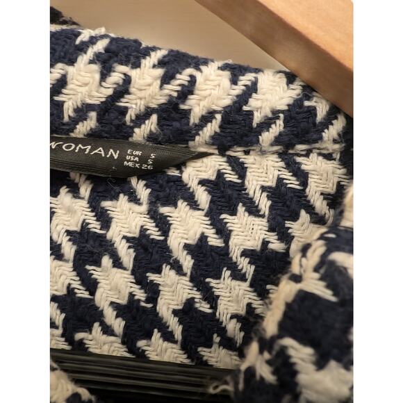 Zara Mock Neck Houndstooth Fringe Hem Pullover Sweater‎ Size Small Cream Navy - Picture 3 of 5